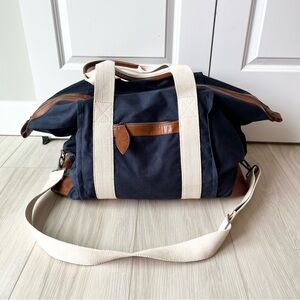Mark & Graham Navy Canvas Duffel Bag Cream Straps and Brown Leather Trim